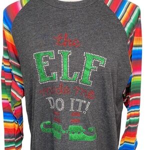 The Elf Made Me Do It Christmas Shirt Gray and Multi‎ Striped Sleeves Size Large